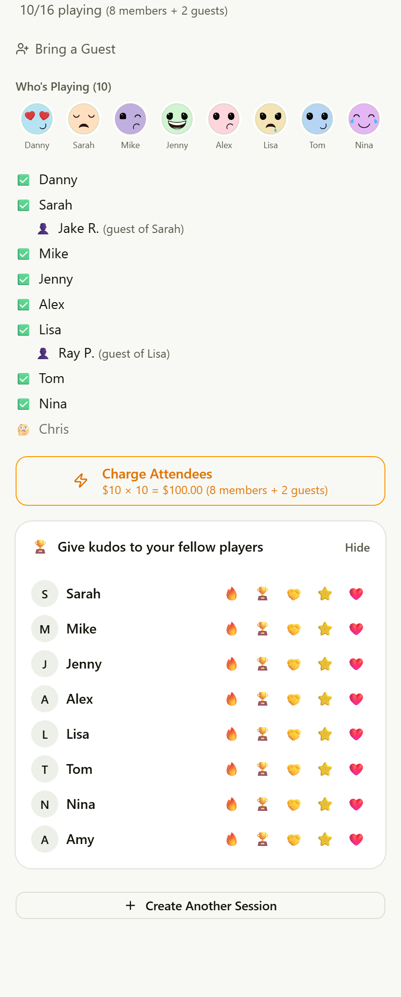 Session roster after RSVPs with guests