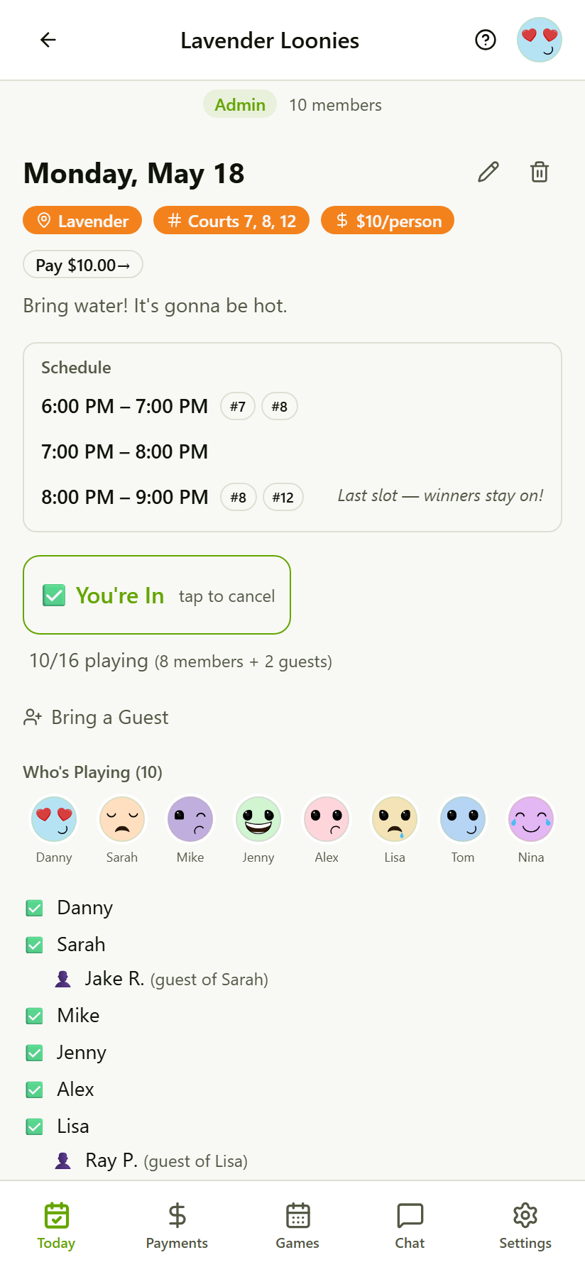 Pickleloonies session view with roster and RSVPs